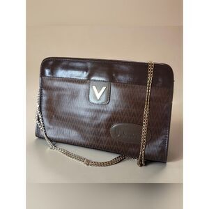 Mario Valentino Authentic Brown Monogram Clutch with Gold Chain Vintage